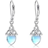 Sterling Silver Moonstone Leverback Drop Dangle Earrings - Celtic Knot Design - Irish Celtic Jewelry Gifts for Women - Christmas