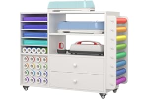 CXQ Craft Organization and Storage Cart Compatible with Cricut Machine Cricut Table, Rolling Craft Organizer with Two Large Drawer & 24 Vinyl Roll Holder & Paper Storage Organizer, for Home Craft Room