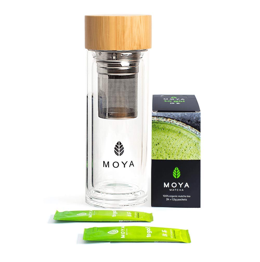 Organic Moya Matcha to Go! Set | 24 x 1.5g Matcha to Go Sticks + Glass Shaker 330ml | Set for The Preparation of hot&cold Matcha | Ideal for Work, While Traveling or at The Gym