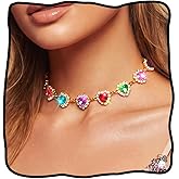 JEAIRTS Colorful Heart Rhinestone Choker Necklace Gold Multicolor Crystal Collar Necklaces Jewelry for Women