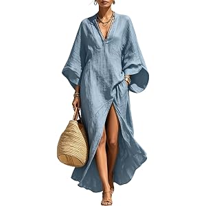 Leyoutx Women's Linen Kaftan Dress V Neck Batwing Sleeve High Split Maxi Caftan Loose Tunic Dress Long Beach Cover Up