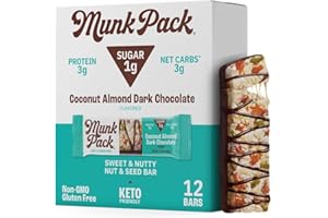 Munk Pack Nut & Seed Bar Coconut Almond Dark Chocolate | 1g Sugar, Low Carb & Keto, 3g Protein | Gluten Free, Plant Based, Zero Added Sugar | Sweet & Nutty Breakfast & Snack Bars | 12 Count