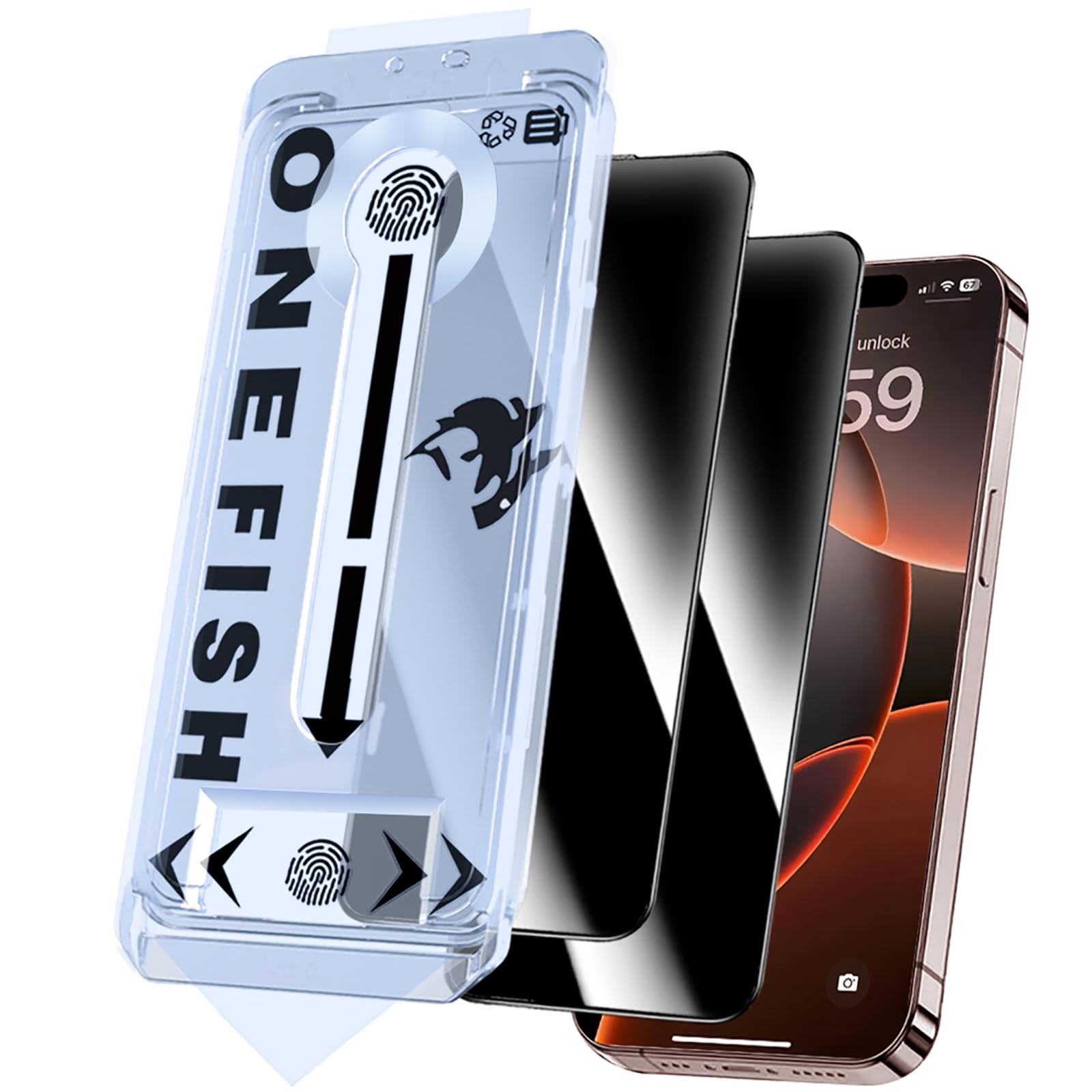OneFish Screen Protector Privacy Glass for Iphone 16,Fast Easy Installation,Anti Spy Private Tempered Glass Film with Installation Frame,9H Scratch Resistant,Auto Bubble Dust Removal,2Pack.