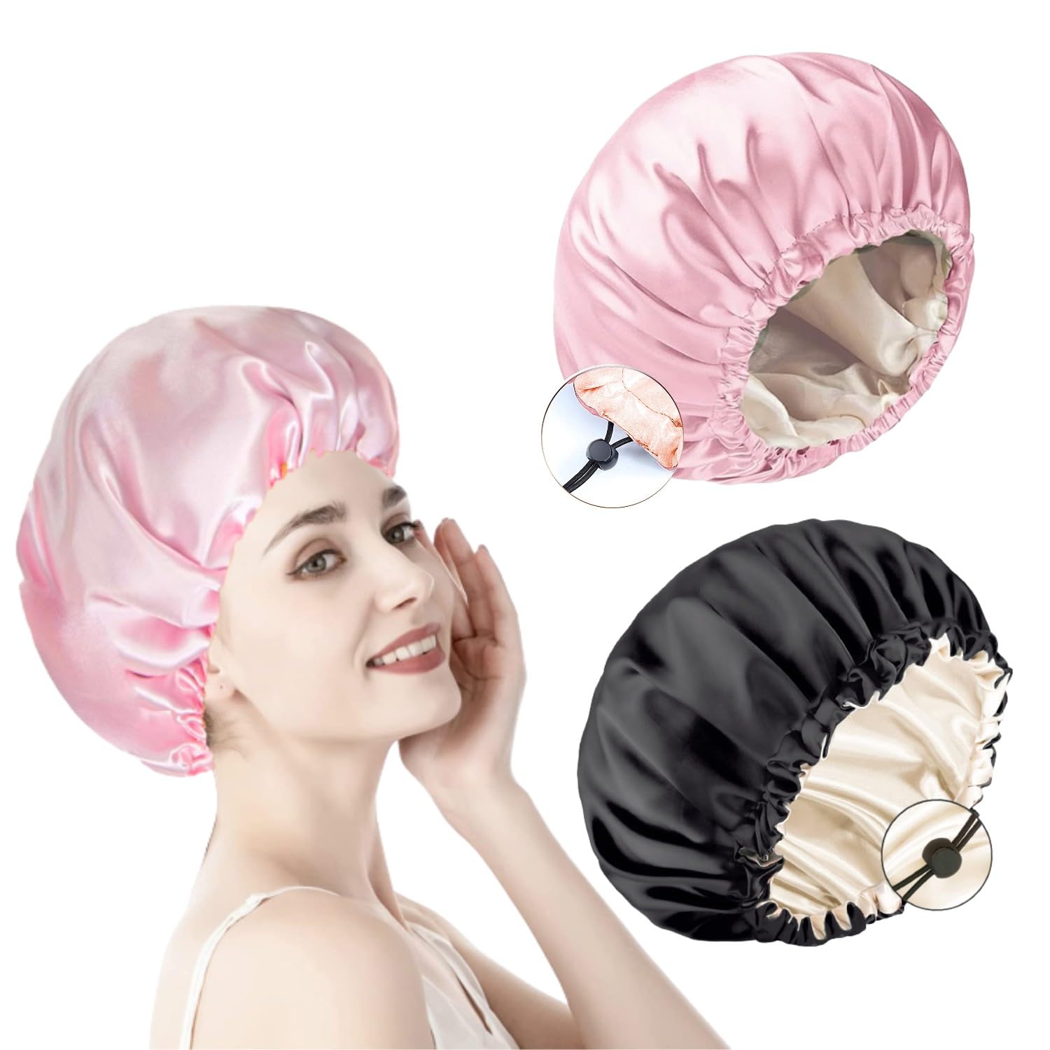 2 Pack Satin Bonnet, Adjustable Double-Sided Sleep Bonnet, Silk Hair Wrap for Sleeping, Soft Sleeping Head Cover Sleeping Hat for Women and Girls Curly Hair (Black & Pink)