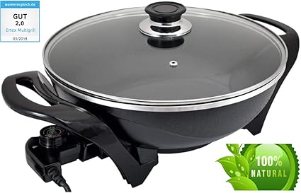 Ertex Germany Elektrischer Wok Pfanne Gemüse- Bratpfanne Asia Antihaftbeschichtet Partypfanne Multifunktionspfanne | Mit Deck