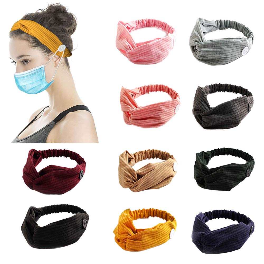 10 Pack Women's Boho Headbands with Buttons Non Slip