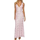 Elegant Lace Floral V Neck Backless Bodycon Dresses for Women Sexy Cut Out Low Back Sleeveless Maxi Dress Wedding Guest