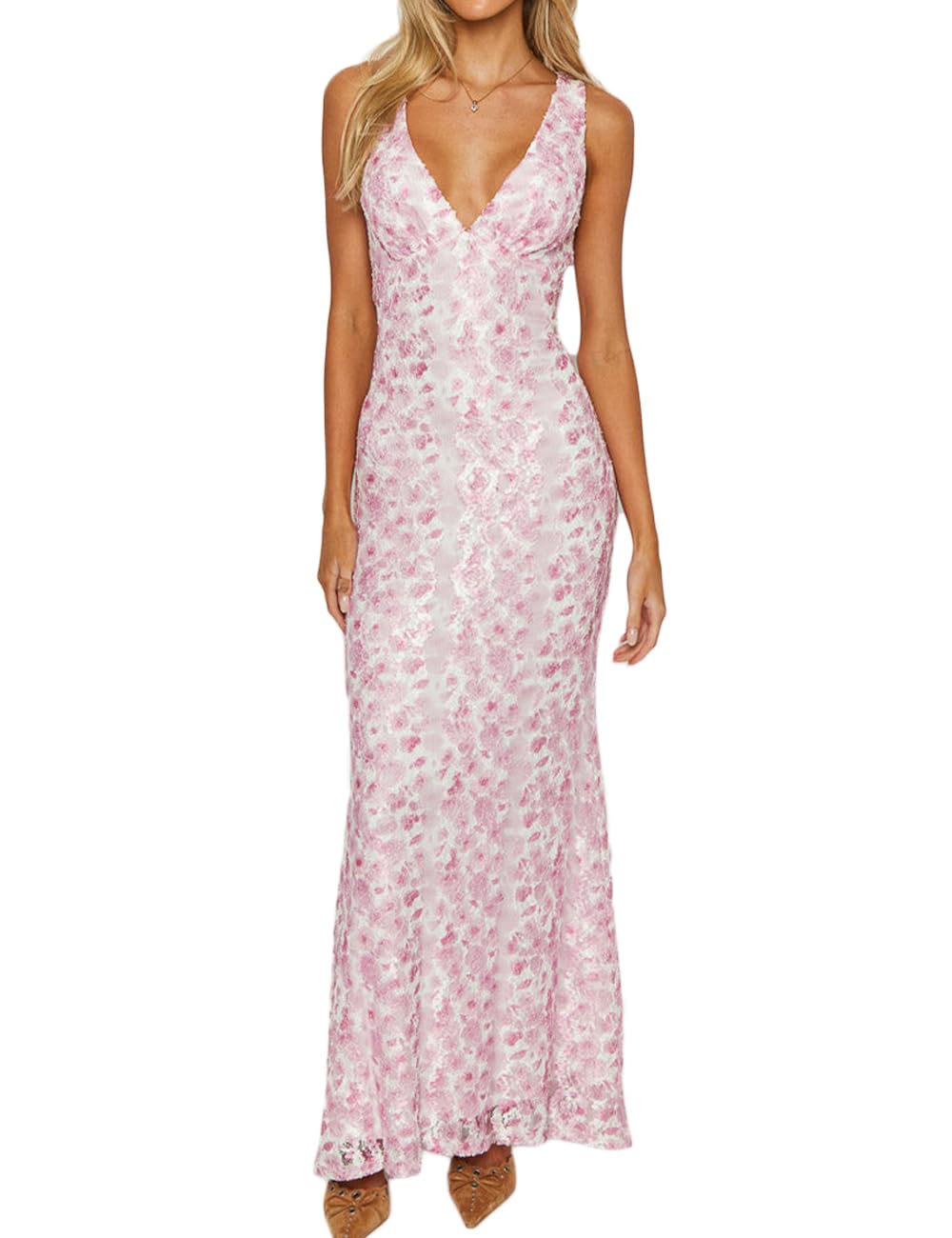 Photo 1 of Elegant Lace Floral V Neck Backless Bodycon Dresses for Women Sexy Cut Out Low Back Sleeveless Maxi Dress Wedding Guest Pink