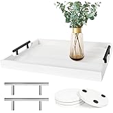 SXNOWS Coffee Table Tray - Large Ottoman Tray for Living Room - Wood Serving Tray with 2 Sets of Handles - Wooden Tray for Coffee Table, 4 Round Coasters Included, White