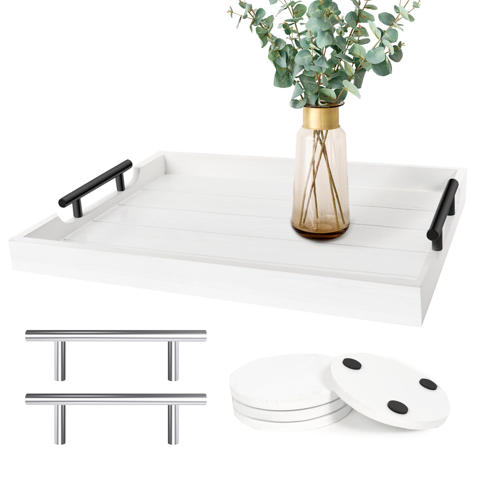 Photo 1 of SXNOWS Coffee Table Tray - Large Ottoman Tray for Living Room - Wood Serving Tray with Handles(2 Sets) - Wooden Tray for Coffee Table, 4 Round Coasters Included, White