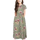 GORLYA Girl's Short Sleeve Floral Print Loose Casual Long Maxi Dress with Pockets 4-12 Years