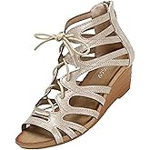 Women's Open Toe Wedge Gladiator Sandals,Strappy Zipper Orthopedic Roman Sandals,Fish Mouth Round Toe Cage Beach Sandals