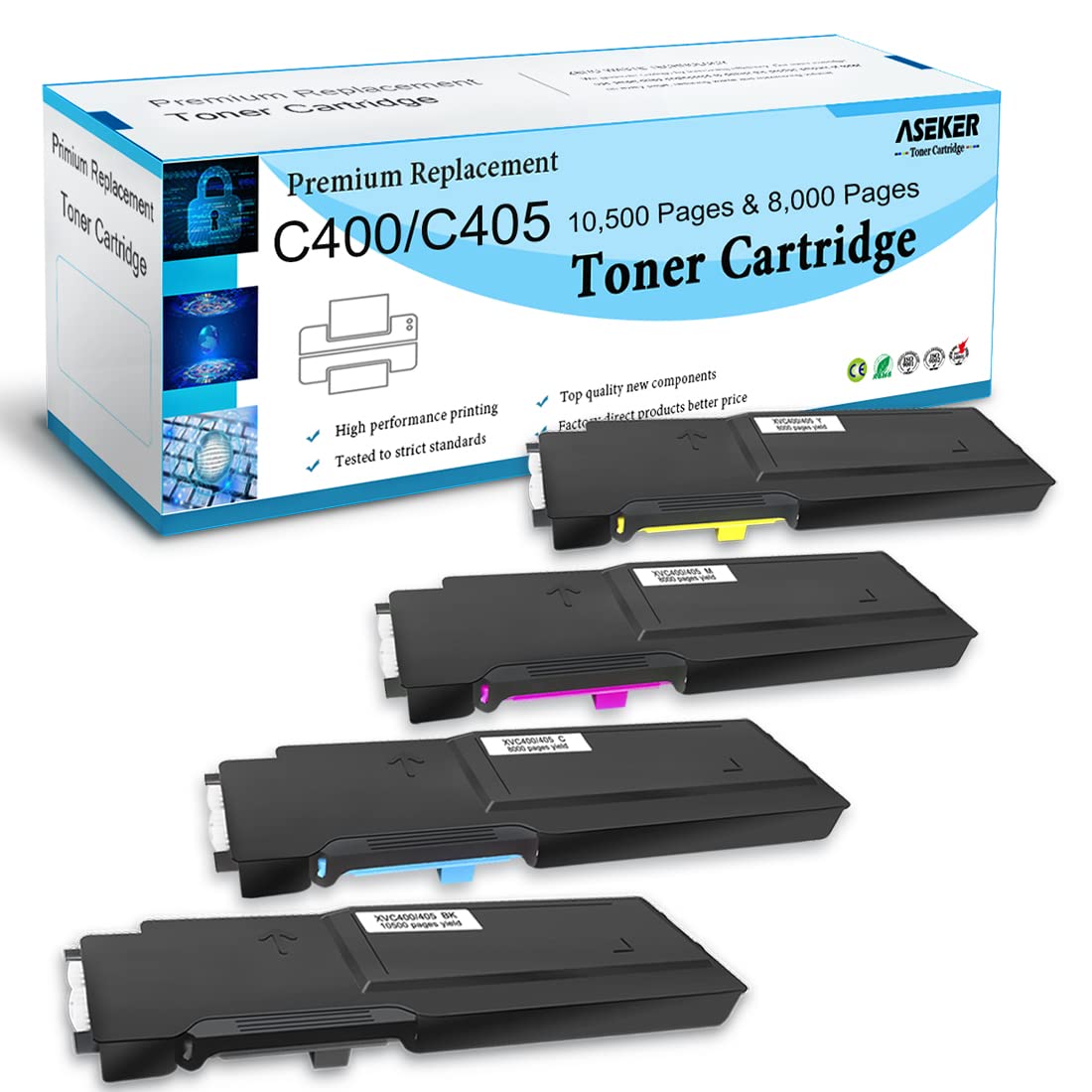 4 Color Remanufactured C400 C405 Toner Cartridge 10500 & 8000 Pages for Xerox VersaLink C400 C400V C400N C400DN C405 C405V C405N C405DN C405DNW Printers 106R03528 106R03530 106R03531 106R03529
