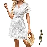 Yazinie Womens 2026 Dress V Neck Short Sleeve A Line Hollow Out Lace Ruffle Casual Beach Party Mini Cute Dresses