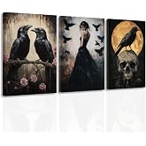 ZXHYWYM 3 Piece Gothic Canvas Wall Art Black Goth Crow Skull Pictures Set Skeleton Prints Dark Halloween Wall Decor for Bedroom Home Decor Framed (11