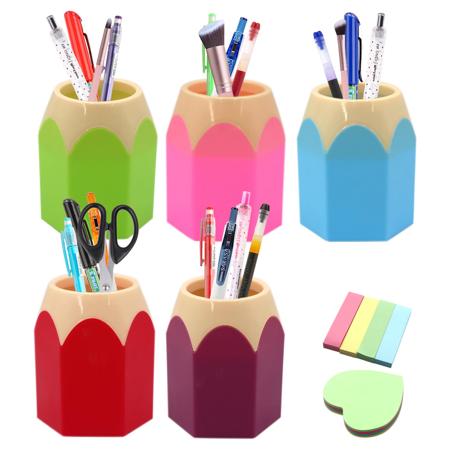 MAINOSHY 5 Pack Pencil Holder Cup, Plastic Pen Vase Pencil Pot Pencil Tip Design Desk Organiser Stationery Storage Multifunction Makeup Brush Vase Brush Pot with Sticky Notes for Home, Office