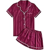 Umenlele Women's Silky Satin Striped Pajamas Short Sleeve Top with Shorts Sleepwear PJ Set