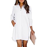 Paintcolors Women's Button Up Tunics Cotton Button Down Shirt Dresses with Pockets Solid Color High Low Blouse Tops