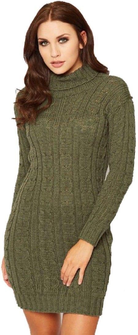 Gk clothing Womens Cable Chunky Knitted High Neck Mini Jumper Dress (12, Khaki)