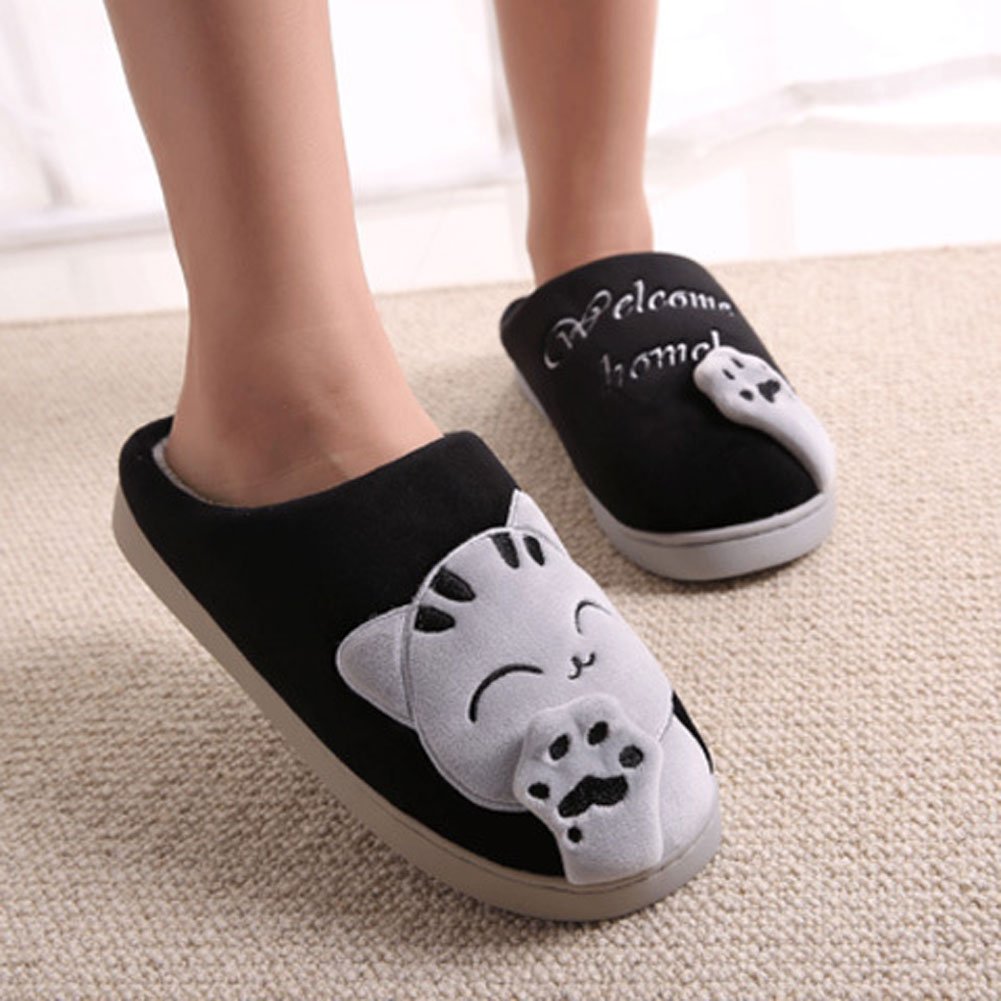 GESIMEI Kuschelige Katze Pantoffeln Warm Plüsch Hausschuhe Winter Bequeme Rutschfeste Slippers Herren Damen Schwarz 42
