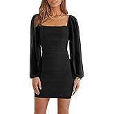 Ofenbuy Women's Mesh Long Sleeve Dress Square Neck Ruched Mini Bodycon Dress Stretch Party Cocktail Dresses