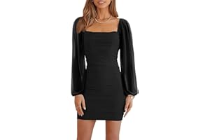 Ofenbuy Women's Mesh Long Sleeve Dress Square Neck Ruched Mini Bodycon Dress Stretch Party Cocktail Dresses