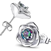 Rose Earrings for Women - Sterling Silver Stud Earrings Hypoallergenic Colorful Cubic Zirconia Rose Flower Post Earrings for Sensitive Ears Classic Lightweight Jewelry Gifts for Mother Wife