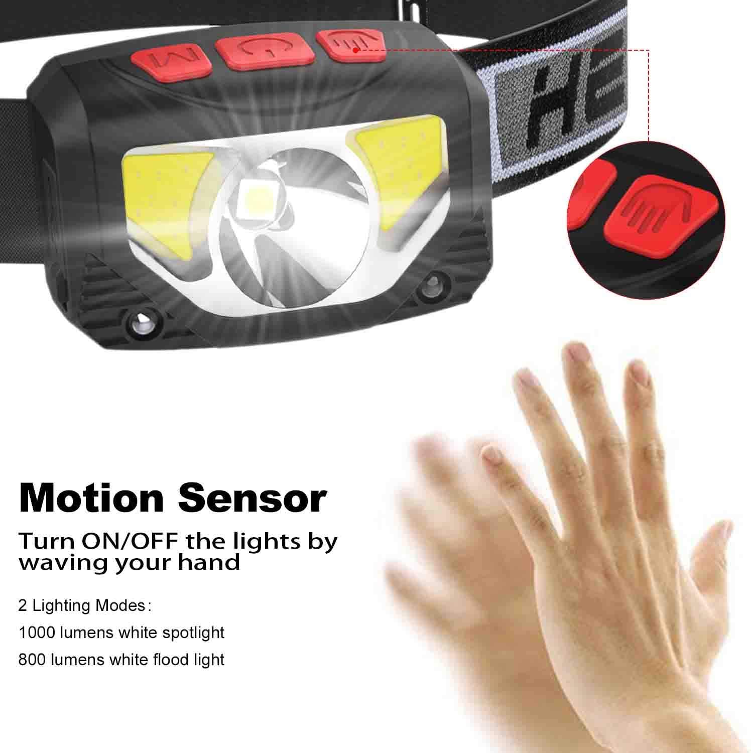 TINMIU Rechargeable LED Headlamp Flashlight, 2-PACK 1000 Lumen Super Bright Motion Sensor Head Lamp, IPX5 Waterproof, Bright White Cree Led & Red Light Perfect for Running, Camping, Hiking & More - - 