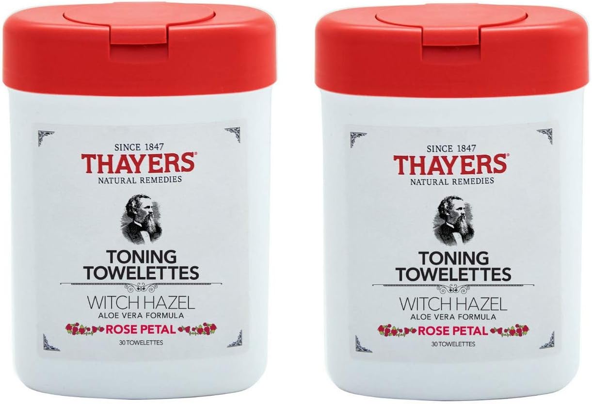 Thayers Natural Remedies Toning Witch Hazel Rose Petal Towelettes (Pack of 2), 30 Ct Each, White