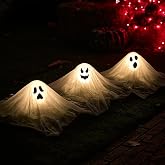JOYIN Halloween Outdoor Decorations White Ghost Garden Stakes with Light Up Design (3 Packs), Cloth Ghost for Halloween Lights, Graveyard Yard Lawn Decorations