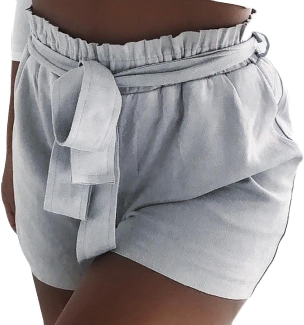 iHPH7 Shorts Womens Pure Color Pocket High Waist Bandage Easy Elastic Casual