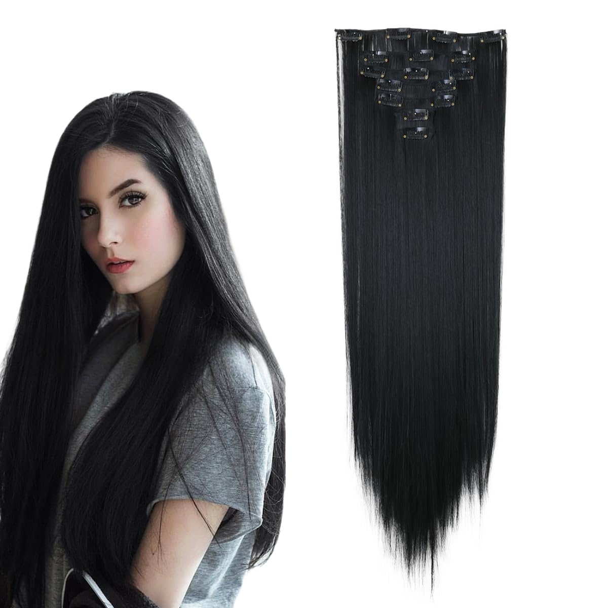 prinfantasy Hair Extensions Clip in Straight High Heat Synthetic Long Hair for Women Hair Pieces Black Hair pieces for women, MW145 — image 1