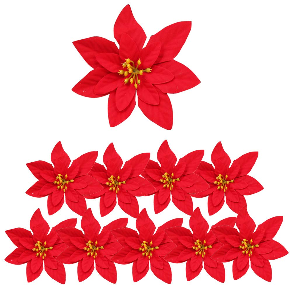 10PCS Christmas Large Flannel Poinsettia,Poinsettia Artificial Flowers,Xmas Poinsettias Decorations Artificial Christmas Flowers for Flower Tree Hanging Party Xmas Decor Wreath Garland Filler