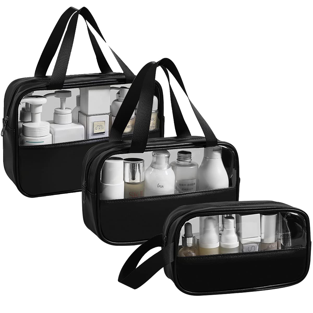 Mikytoper Clear Toiletry Bag 3 pcs, Waterproof Wash Bags Set in PVC, Large Capacity Makeup Bag with Handle, Travel Cosmetic Bag for Men and Women (Black)