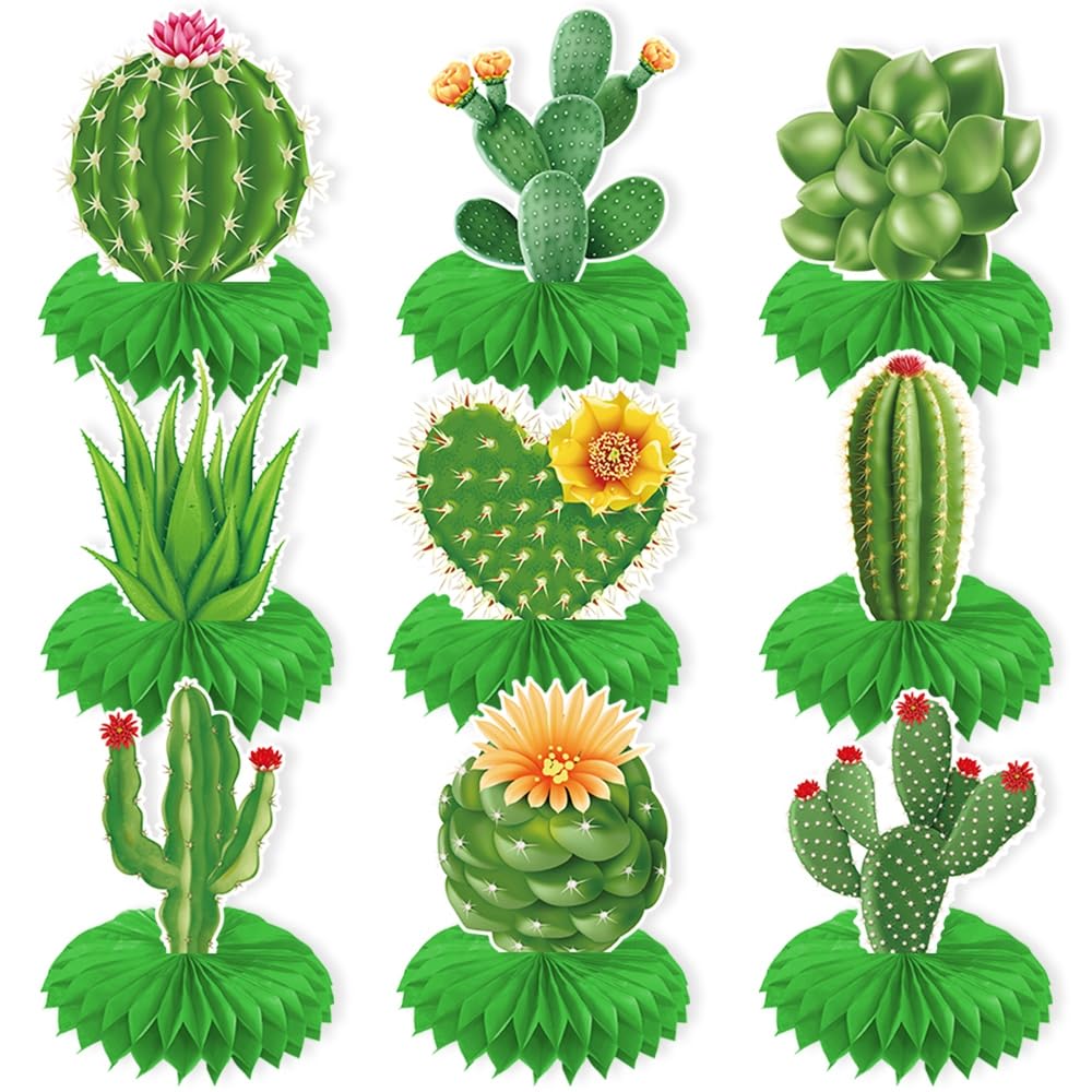 Photo 1 of Nicime 9pcs Cactus Honeycomb Decorations, Cute Green Plant Honeycomb Centerpiece Table Decor, Birthday Party Supplies Ornaments