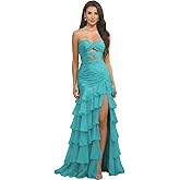 Tiered Ruffles Prom Dresses with Slit for Women Strapless Mermaid Formal Gowns Chiffon Long Evening Party Dress MX14