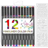 12 Pieces Fine Point Markers, Mudder 0.4mm Fineliner Fine Point Pens Color Markers Porous Fine Line Drawing Sketch Pen for Coloring Book and Journal Planner Note Taking, 3 Pieces Drawing Template