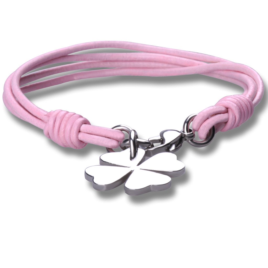 Feilok Fashion Unisex Stainless Steel Leather Braid Four Leaf Clover Bracelet Bangle, Pink