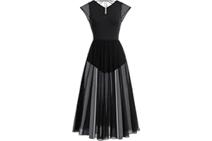 ODASDO Women Lyrical Dance Costume Adult Modern Contemporary Dancewear Cap Sleeve Flowy Mesh Split Maxi Long Dress