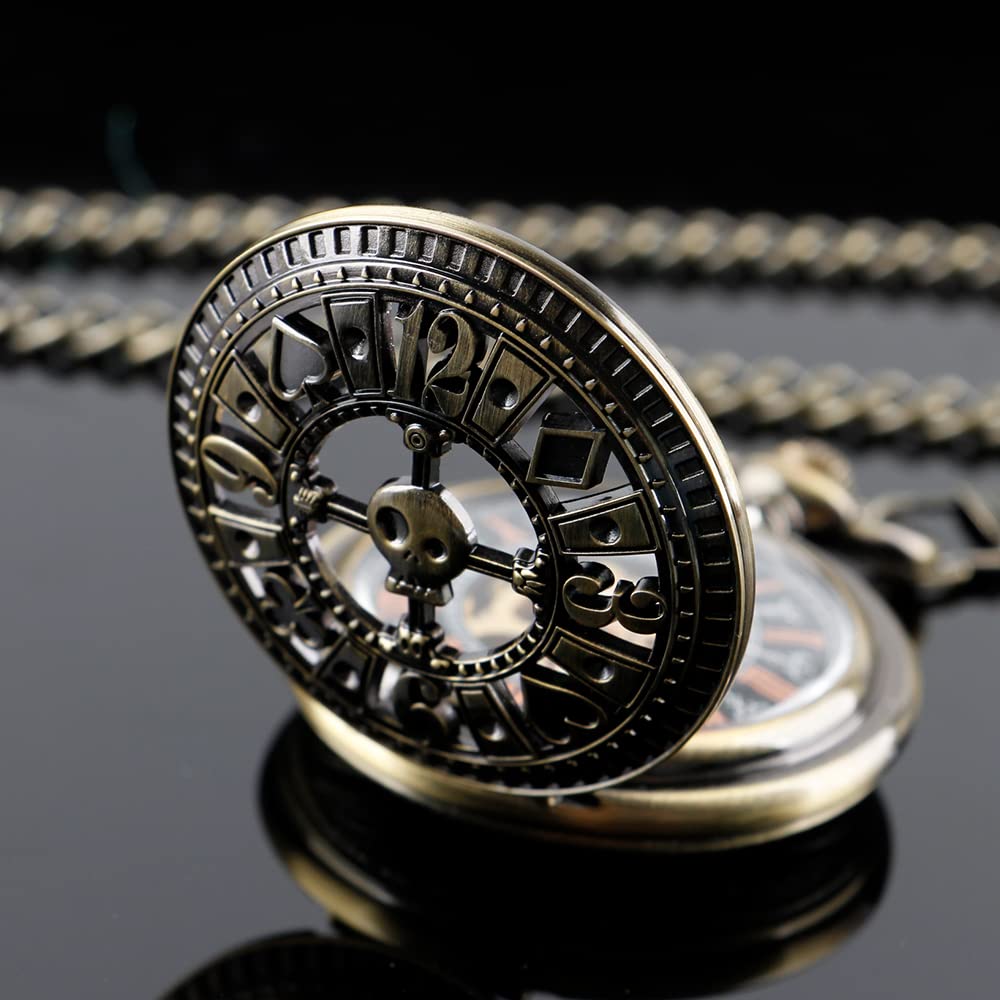 Men's Mechanical Holoow Design Hand Wind Pocket Watch Roman Numerals Steampunk with Chain Box