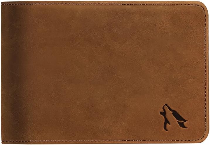 HEMWOLF Men's Real Genuine Leather RFID Blocking Minimalist Slim Bifold Money Clip Wallet with ID Window, Full Grain Leather