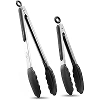 Hotec Premium Stainless Steel Locking Kitchen Tongs with Silicon Tips, Set of 2-9" and 12"