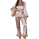 WDIRARA Women's 2 Piece Satin Pajamas Mesh Trim Flare Sleeve Wrap Belted Top and Pants Lounge Set