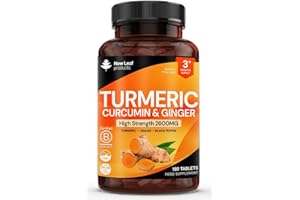 NEW LEAF PRODUCTS Turmeric Tablets with Black Pepper & Ginger - Curcumin - 180 Turmeric and Black Pepper Tablets (3 Month) High Strength Active Turmeric Supplements Not Capsules, by New Leaf