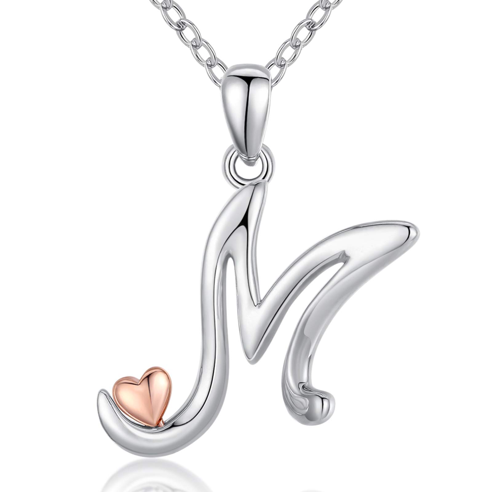 CELESTIA Initial Necklace, Name Necklaces Sterling Silver Letter M Pendant with Heart Charm, Personalised Necklace for Women, Gifts for Teenage Girls 16th,18th Birthday