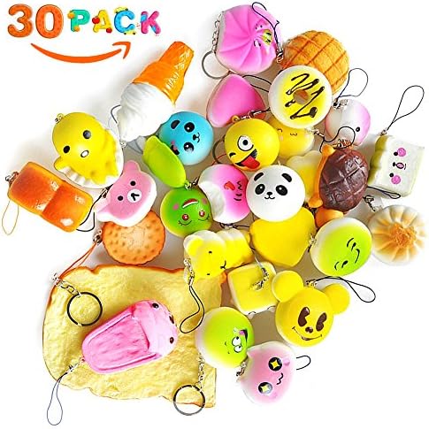 HUASHAN 30 Pack Squishy Slow Rising Toys, Soft Kawaii Mini Anti Stress Squeeze Slow Rise Squishy Toys, Phone Straps (Random) (colorful)