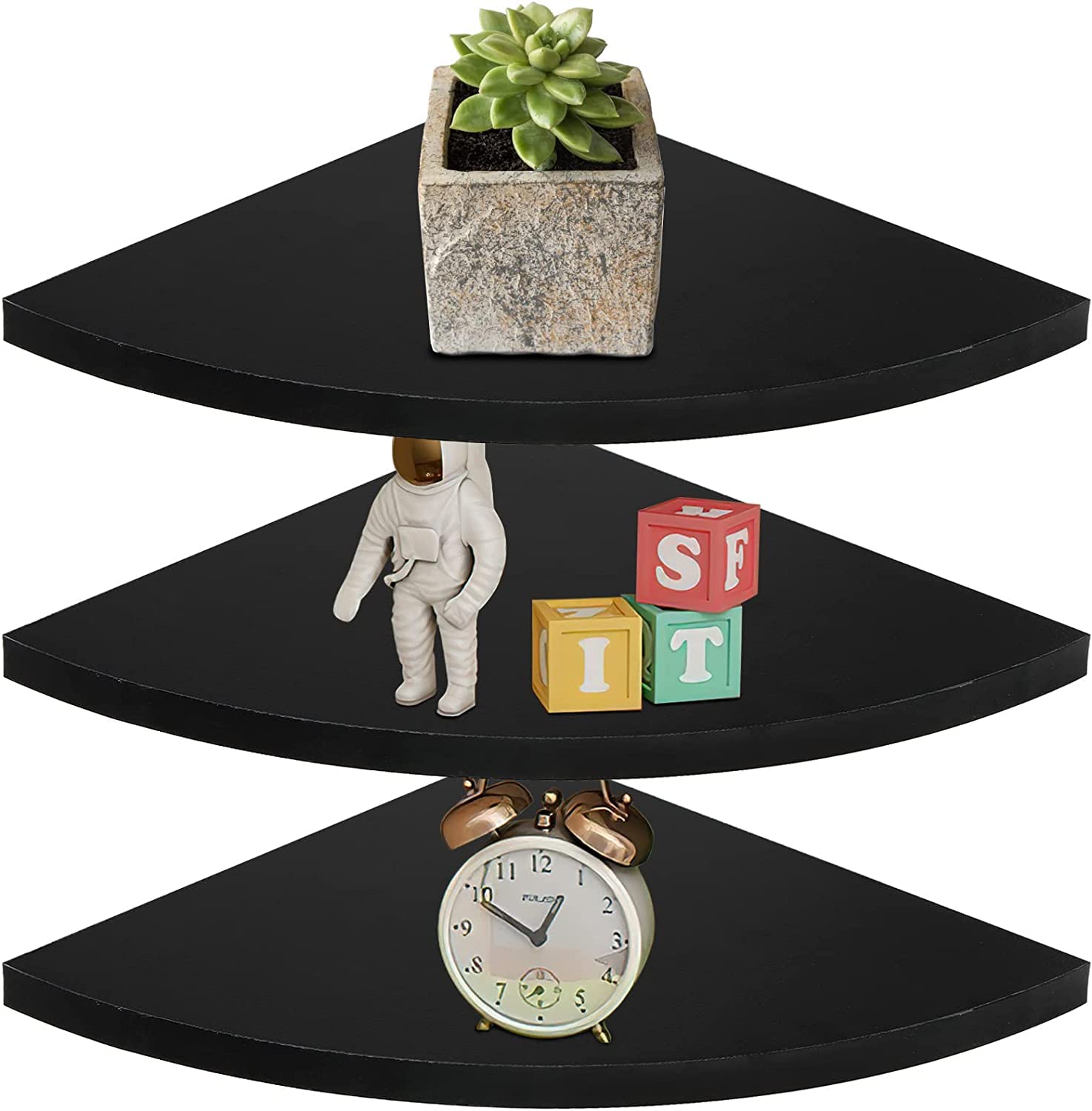 Suwimut Set of 3 Corner Shelf Wall Mount, 25cm/9.8 inch Black Floating Corner Shelf Organizer, Rustic Wood Wall Storage Display Shelves for Bathroom Kitchen Living Room Bedroom