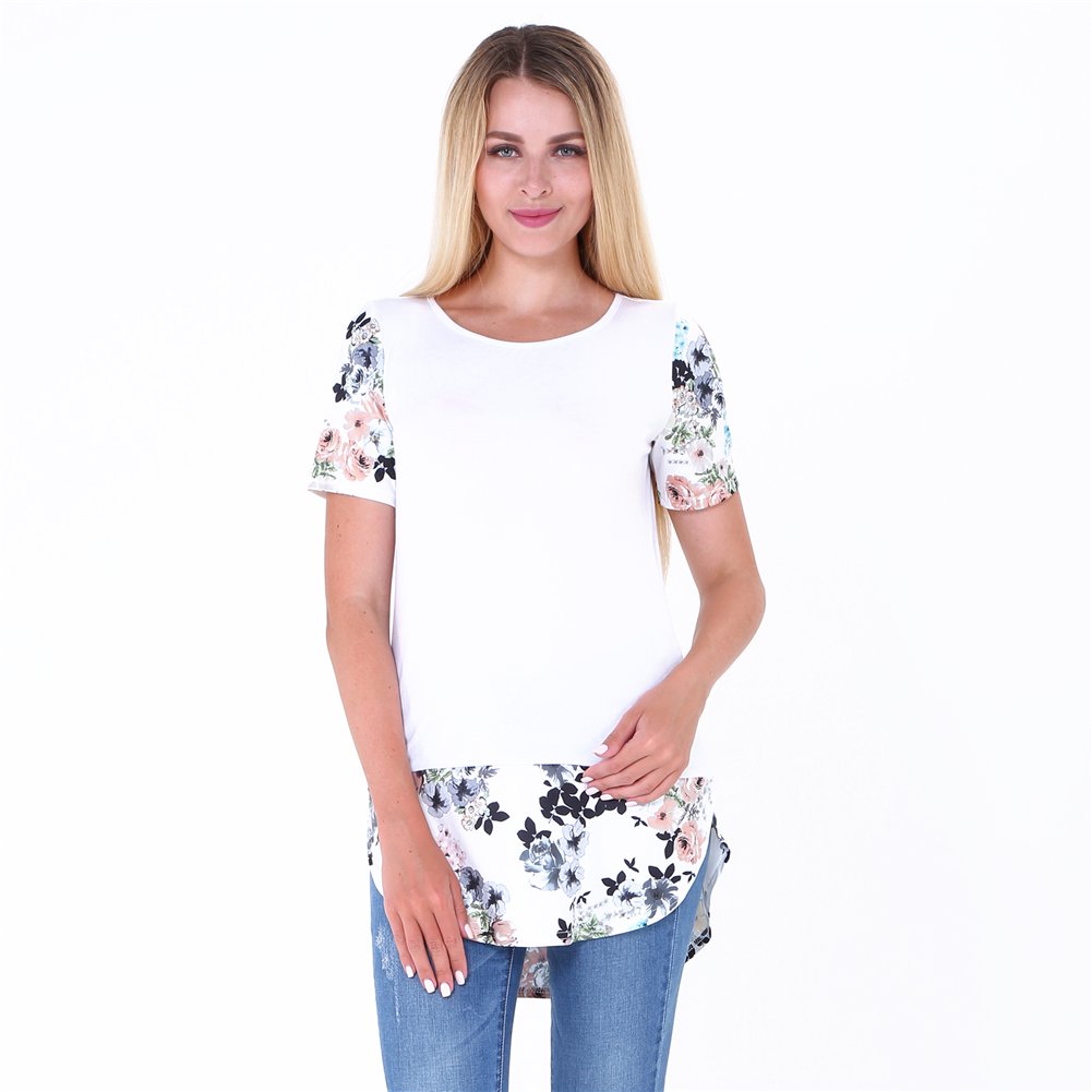Floral Print White Short Sleeve T Shirt Loose Blouse Casual Tunic Tops Plus Size XL