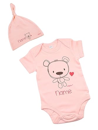 Striefchen® rosa Geschenkset zur Geburt - Body und Mütze mit Namen - Gr. 6-12 Monate mit niedlichem Teddyprint