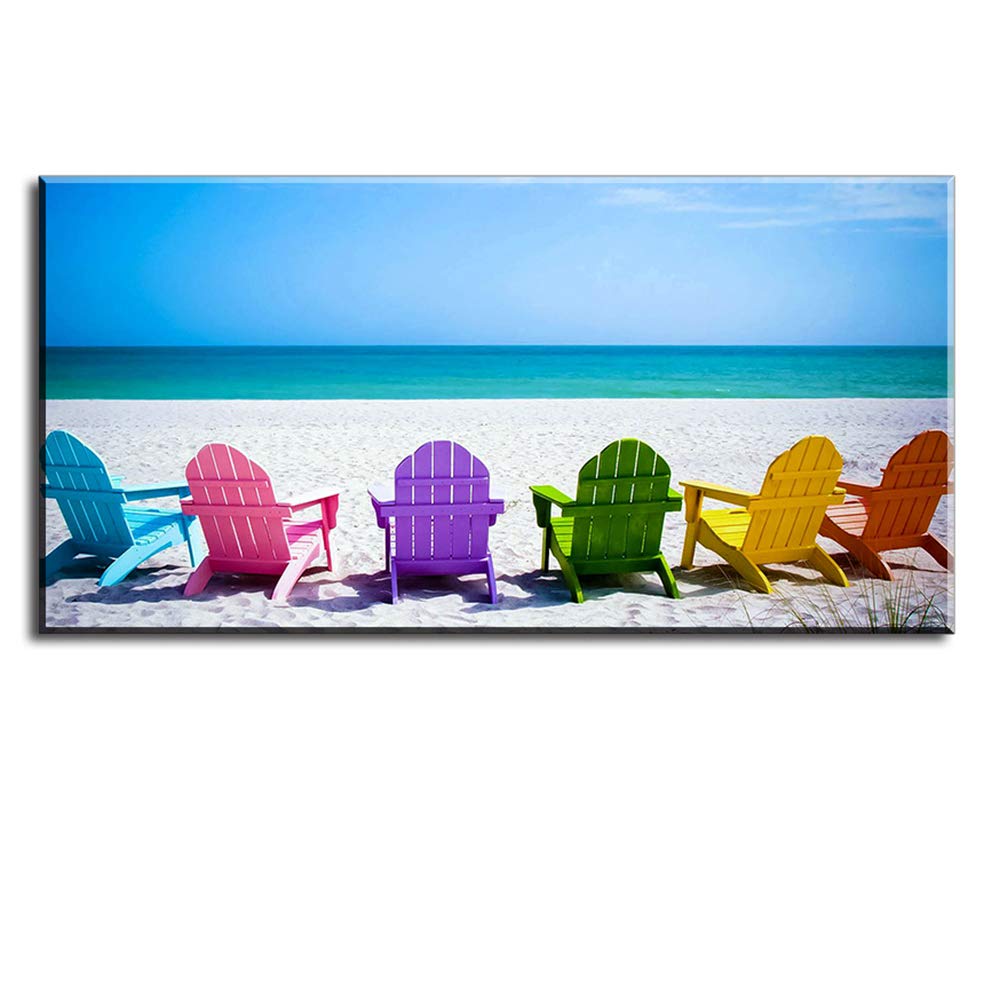 Beach Canvas Wall Art for Living Room, PIY Blue Sea with Colorful Chairs Picture Prints Decor, Relax Leisure Time Home Decorations (1" Thick Frame, Waterproof, Bracket Mounted Ready Hanging)